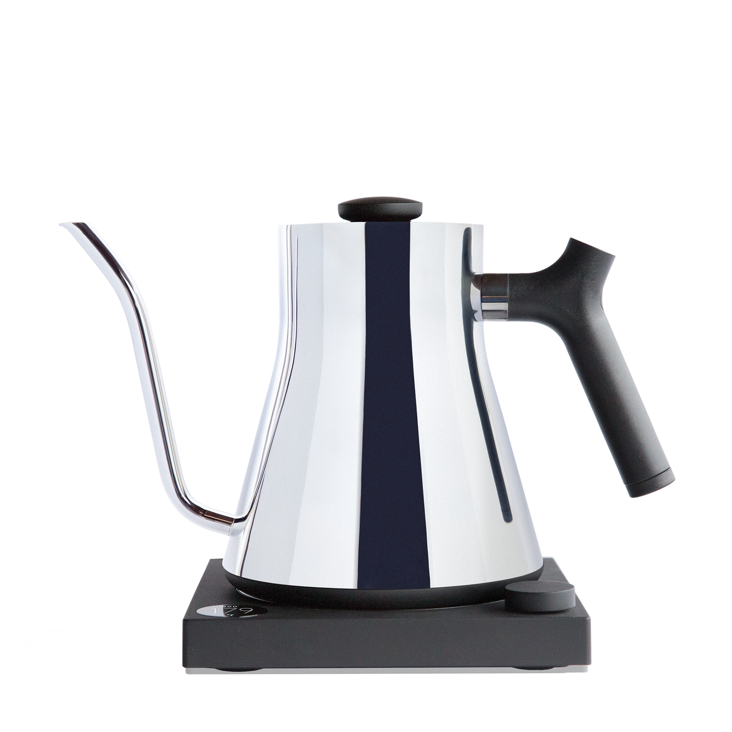 The Stagg EKG Electric Kettle by Fellow Wholesale boasts a sleek, modern design with a polished stainless steel body and a long, precise gooseneck spout. It sits elegantly on its black base and features a black, ergonomic handle along with a well-designed knob on the lid for precise pouring.