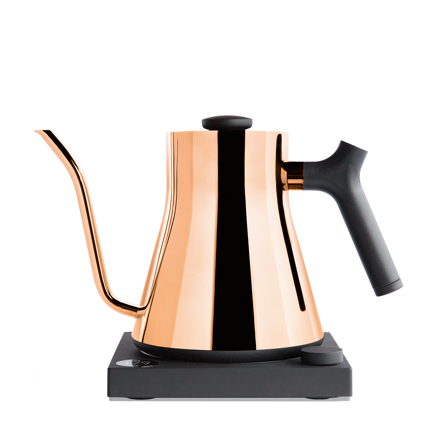 A sleek, copper Stagg EKG Electric Kettle by Fellow Wholesale featuring a precise gooseneck spout, a black handle, and resting on a black base.