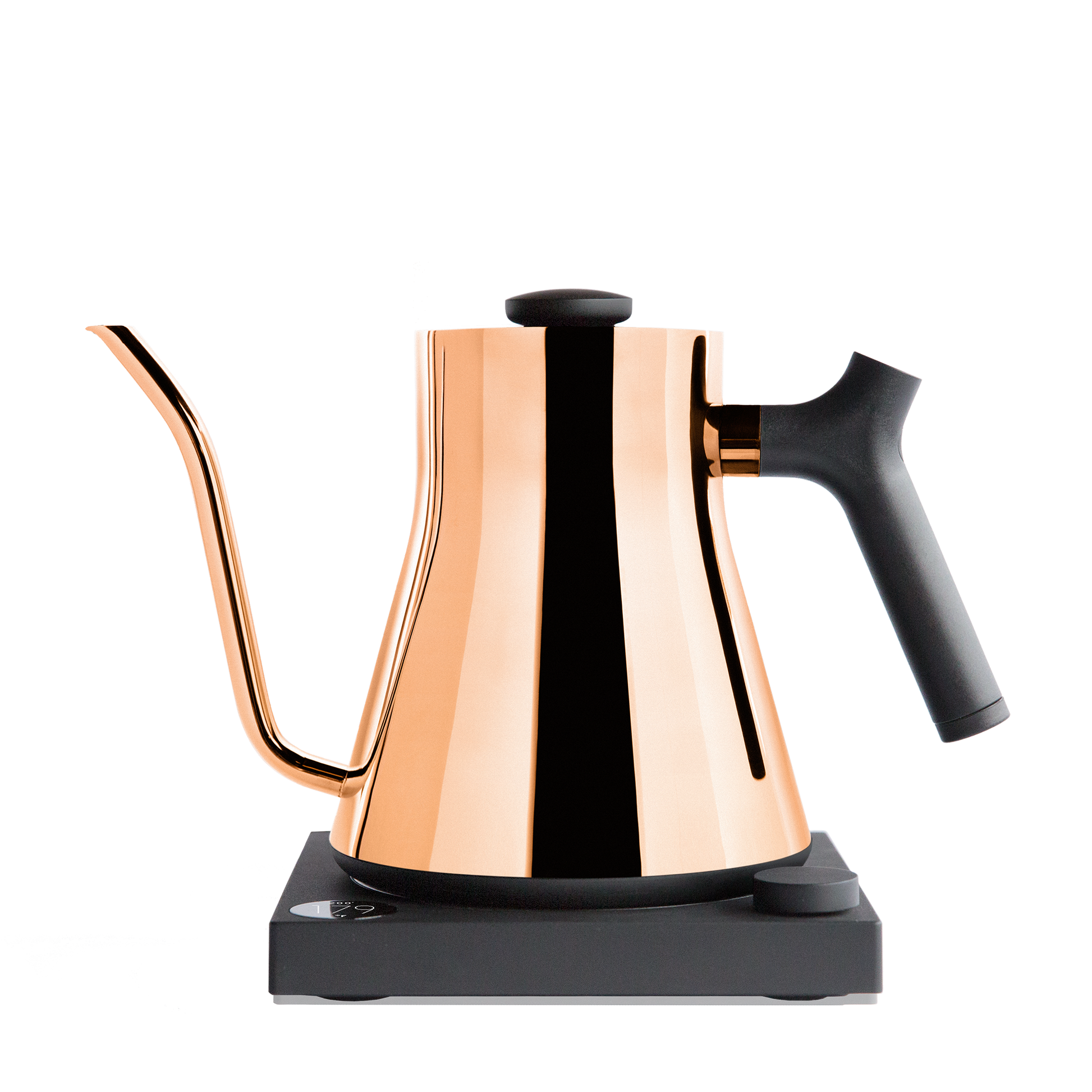 A sleek, copper Stagg EKG Electric Kettle by Fellow Wholesale featuring a precise gooseneck spout, a black handle, and resting on a black base.