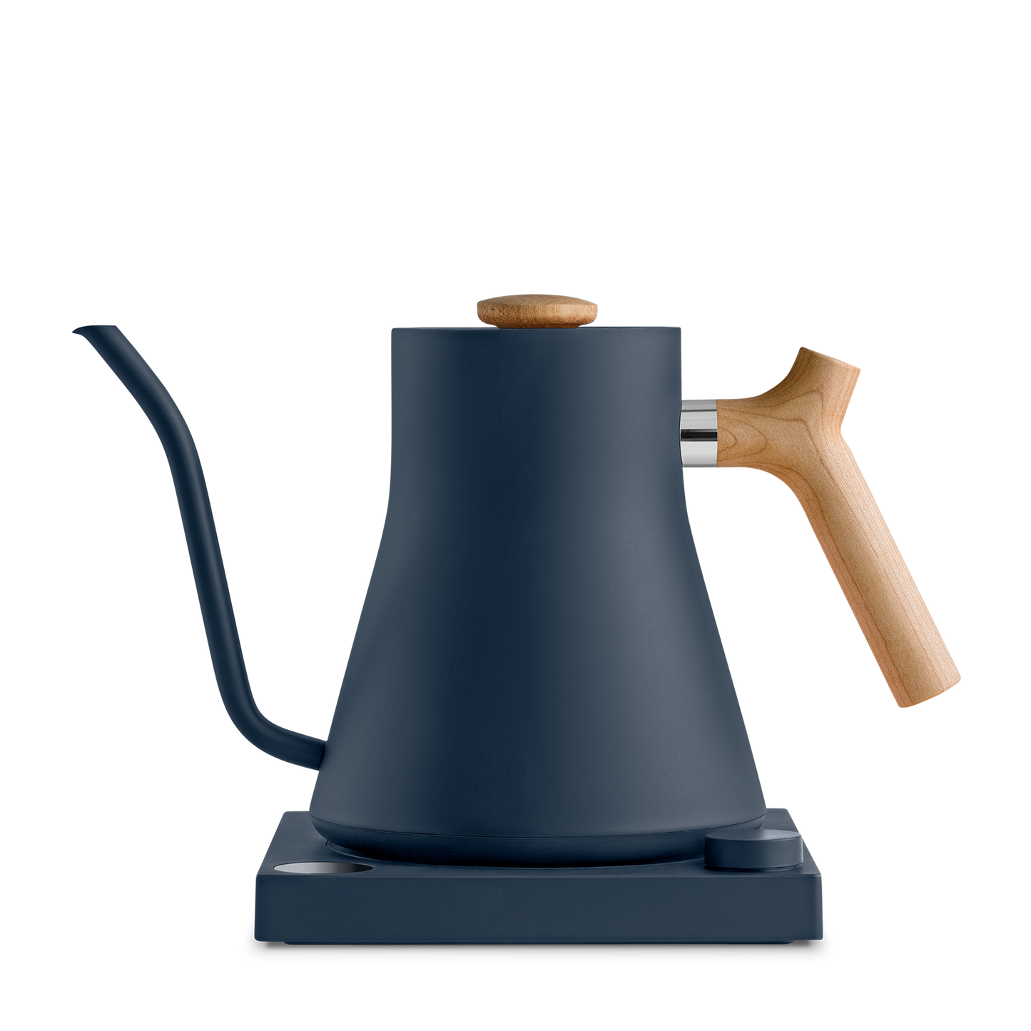 The Stagg EKG Electric Kettle from Fellow Wholesale is a sleek, matte black pour-over kettle boasting a precise gooseneck spout and a wooden handle. It rests gracefully on its base, showcasing a modern design with smooth curves, variable temperature control, and a minimalist aesthetic.