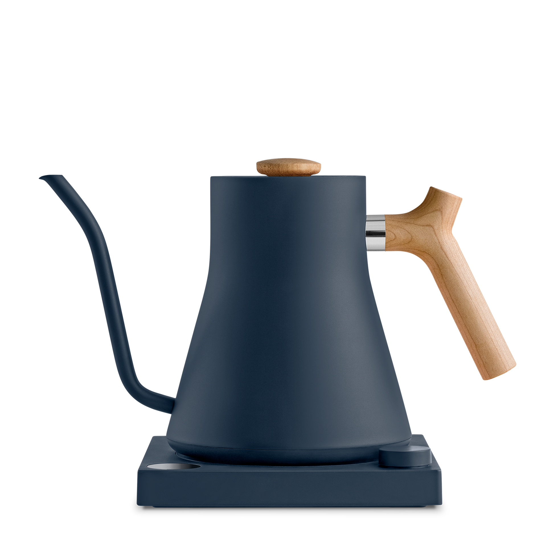 The Stagg EKG Electric Kettle from Fellow Wholesale is a sleek, matte black pour-over kettle boasting a precise gooseneck spout and a wooden handle. It rests gracefully on its base, showcasing a modern design with smooth curves, variable temperature control, and a minimalist aesthetic.