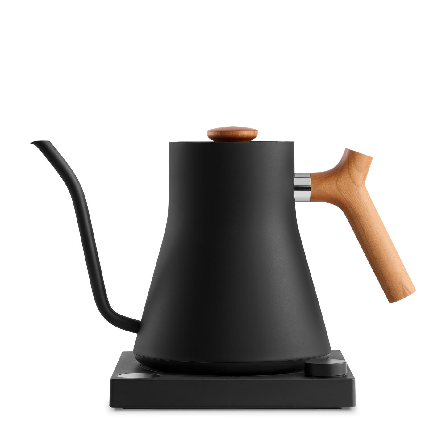 A sleek, matte black Stagg EKG Electric Kettle from Fellow Wholesale, featuring a slender and precise gooseneck spout and adorned with a wooden handle, sits gracefully on its matching black base. The minimalist design showcases a modern aesthetic and includes variable temperature control for achieving the perfect brew.