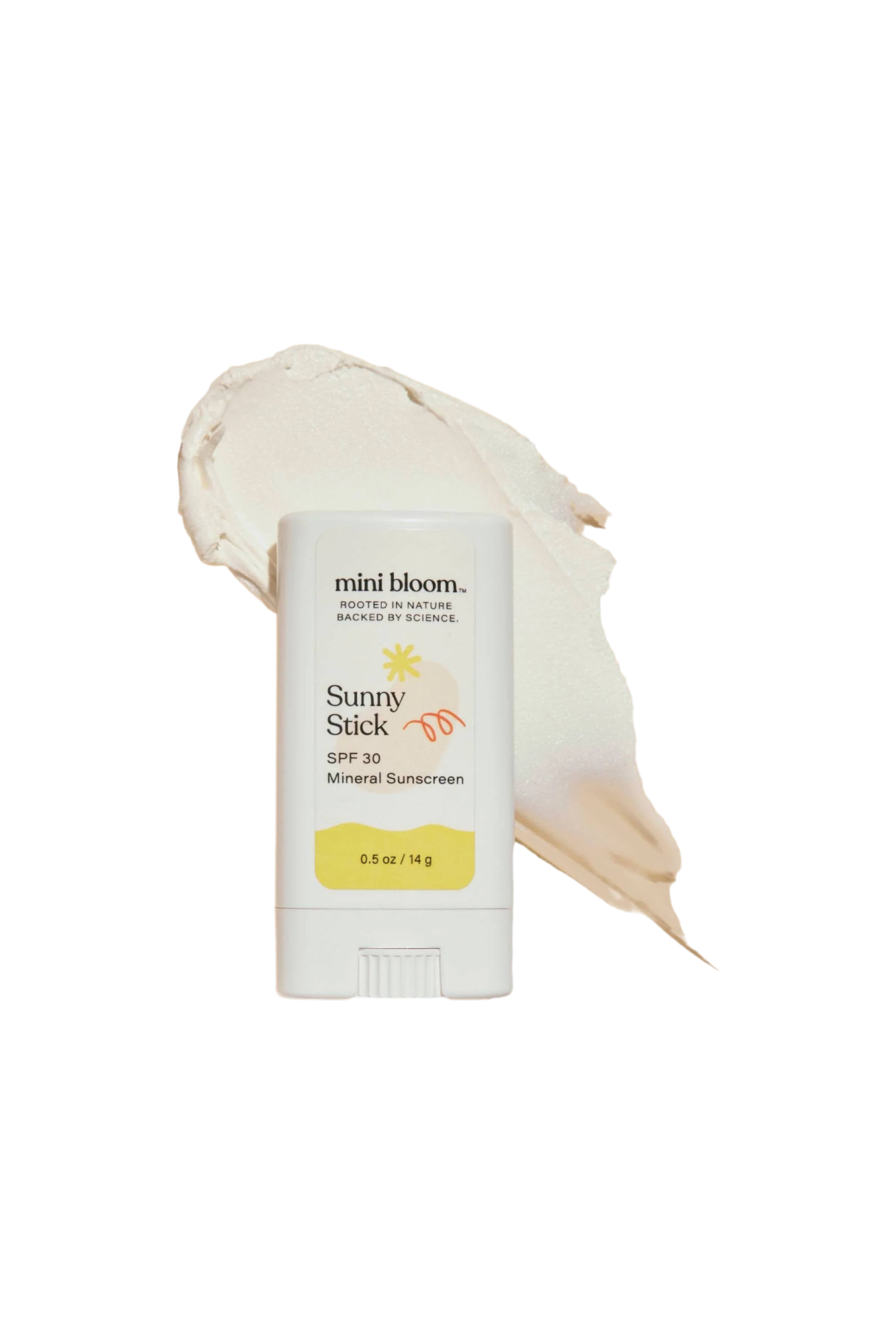 The mini bloom Sunny Stick Mineral Sunscreen SPF 30 is displayed with its cap off against a black background. Behind it, a smear of white sunscreen highlights its texture, showcasing this baby-friendly sunscreen. The stick offers 0.5 oz (14 g) of protective formula.