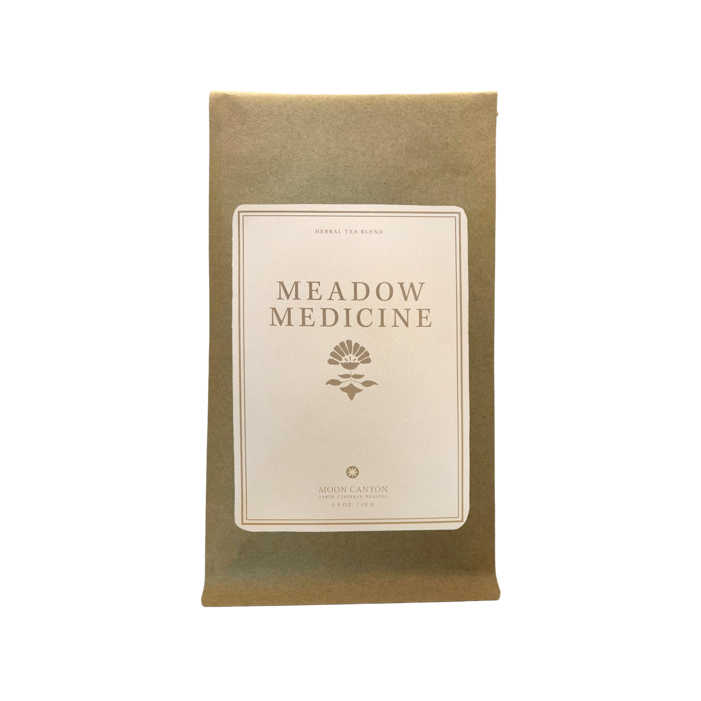 A brown paper pouch labeled "MEADOW MEDICINE TEA BLEND" in capital letters is pictured. The label features an illustration of a plant and the text "HERBAL TEA BLEND" above and "MOON CANYON HEALING" 