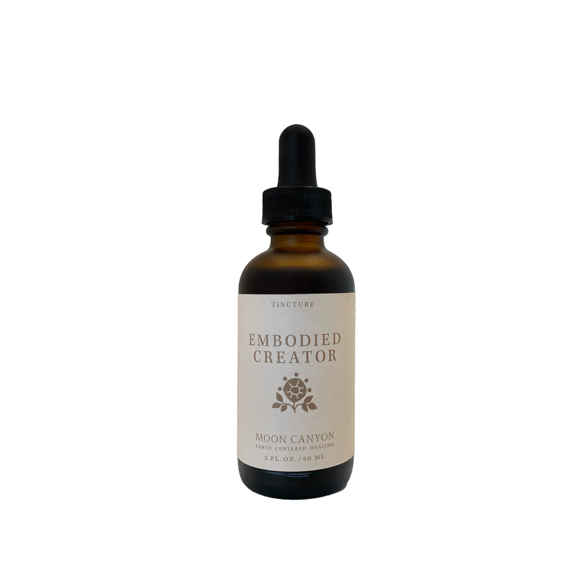 The Embodied Creator Tincture from Moon Canyon Healing comes in a brown glass bottle with a black dropper cap. The label, which features a minimalist design with a small rose icon and specifies the product as a tincture measuring 2 fl. oz. (59 mL), stands out against the black background.