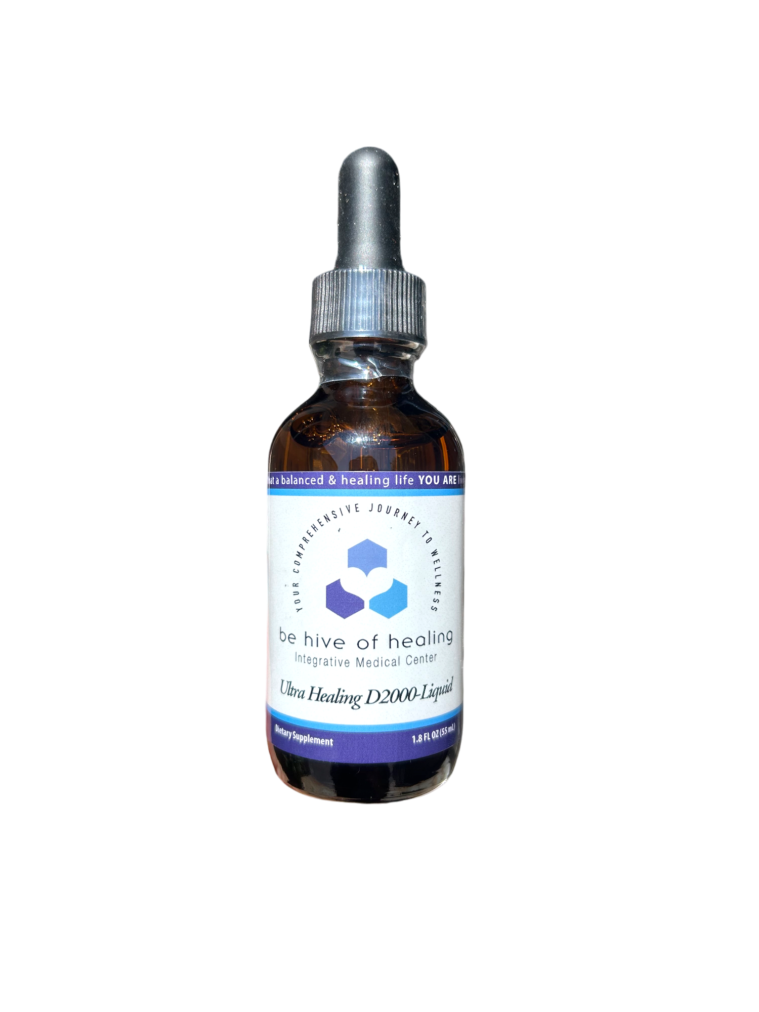 A glass bottle of Be Hive of Healing Wellness Store's Ultra Healing D 2000 Liquid - Vitamin D/K2 Supplement with a dropper cap. The label is white with blue text and design elements, including a hexagonal logo. Enhanced bioavailability ensures you get the most out of the 1.69 fl oz (50 ml) liquid supplement.