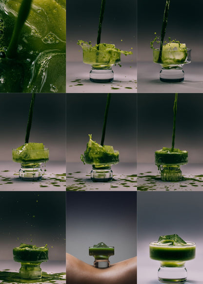 A collage of nine images shows a vibrant green liquid, likely ceremonial-grade matcha from LAKA Matcha™ Sticks by LAKA, being poured into a clear glass on a smooth surface. The liquid creates energetic splash patterns and gradually fills the glass, eventually overflowing.