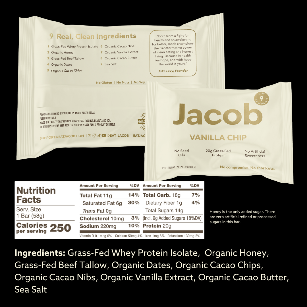 Two vanilla chip protein bars from the brand Jacob Bar are displayed. Each bar’s packaging lists "9 Real, Clean Ingredients" and the nutrition facts. The ingredients include grass-fed whey protein isolate, organic honey, and 100% organic cacao.