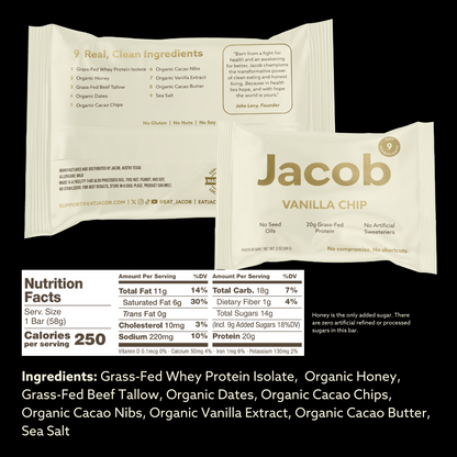 Two vanilla chip protein bars from the brand Jacob Bar are displayed. Each bar’s packaging lists "9 Real, Clean Ingredients" and the nutrition facts. The ingredients include grass-fed whey protein isolate, organic honey, and 100% organic cacao.