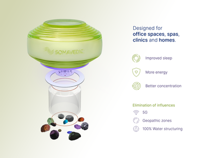 An image of a circular Somavedic USA Vedic device designed to enhance spaces such as offices, spas, clinics, and homes. The device is shown with crystals underneath and promises benefits like improved sleep, increased energy levels, better concentration, reduction in oxidative stress, and water structuring. It claims to mitigate the effects of 5G and geopathic influences.