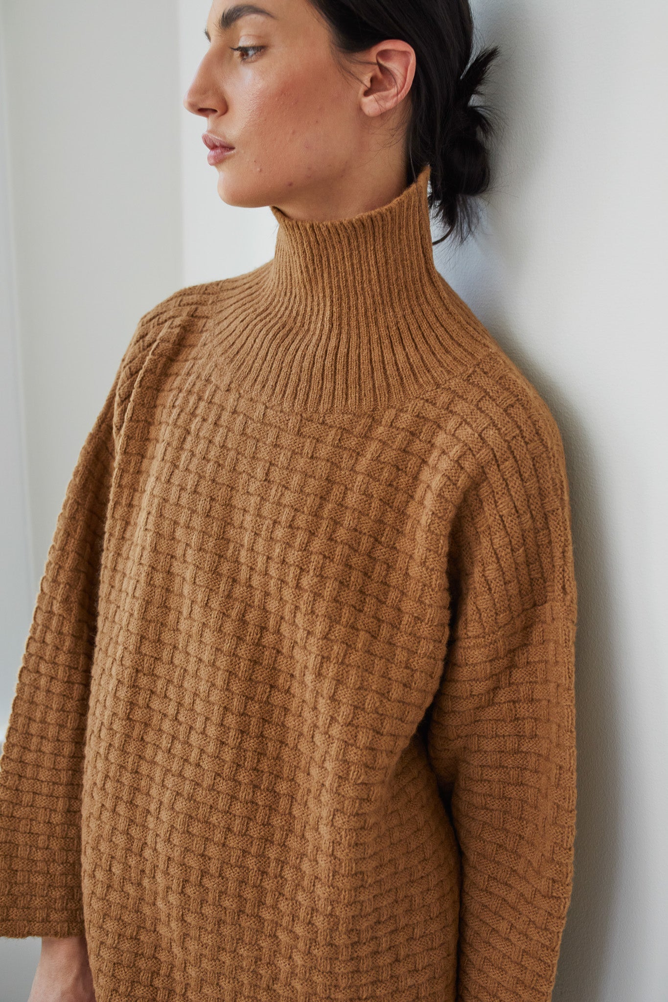 A person with dark hair in a low bun wears the Wol Hide Lattice Turtleneck in Fawn, standing against a white wall and looking to the side.