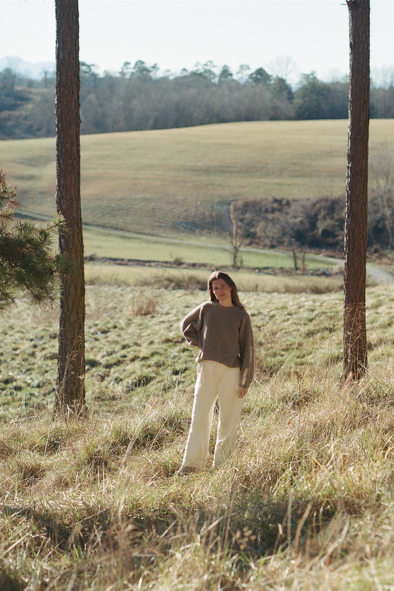 A person with long hair wearing a Wool and Alpaca Blend Sweatshirt Sweater in Earth from Wol Hide and white pants stands in a grassy field between two trees. The background features a vast landscape of rolling hills and sparse trees under a clear sky.