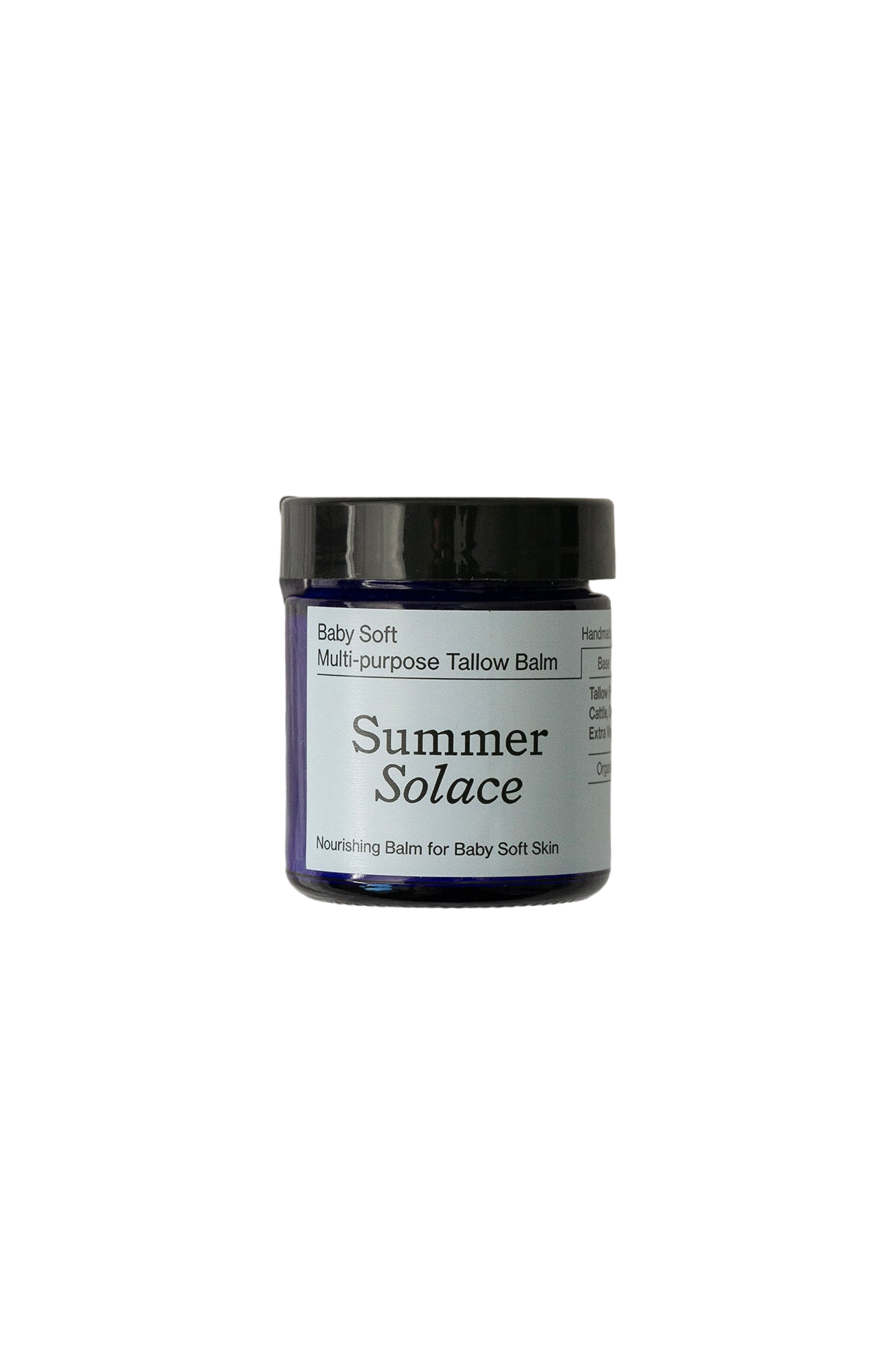 A jar of Summer Solace Tallow Baby Soft Family Balm - Regenerative Tallow™ + Pastured Leaf Lard with a black lid. The light blue label reads "Nourishing Balm for Baby Soft Skin." Ideal as a baby moisturizer, it's perfect for sensitive skin. The jar sits against a plain black background.