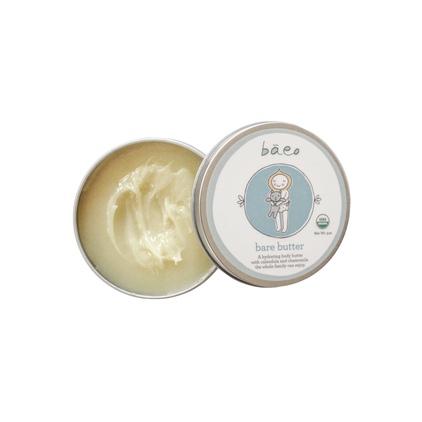 An open tin of bāeo bare butter body butter, showcasing a creamy, white product inside. The lid, placed to the side, displays the brand name "bāeo" along with an illustration of a child cradling a bear. This 3 oz tin provides hydrating benefits from natural ingredients and is suitable for the entire family.