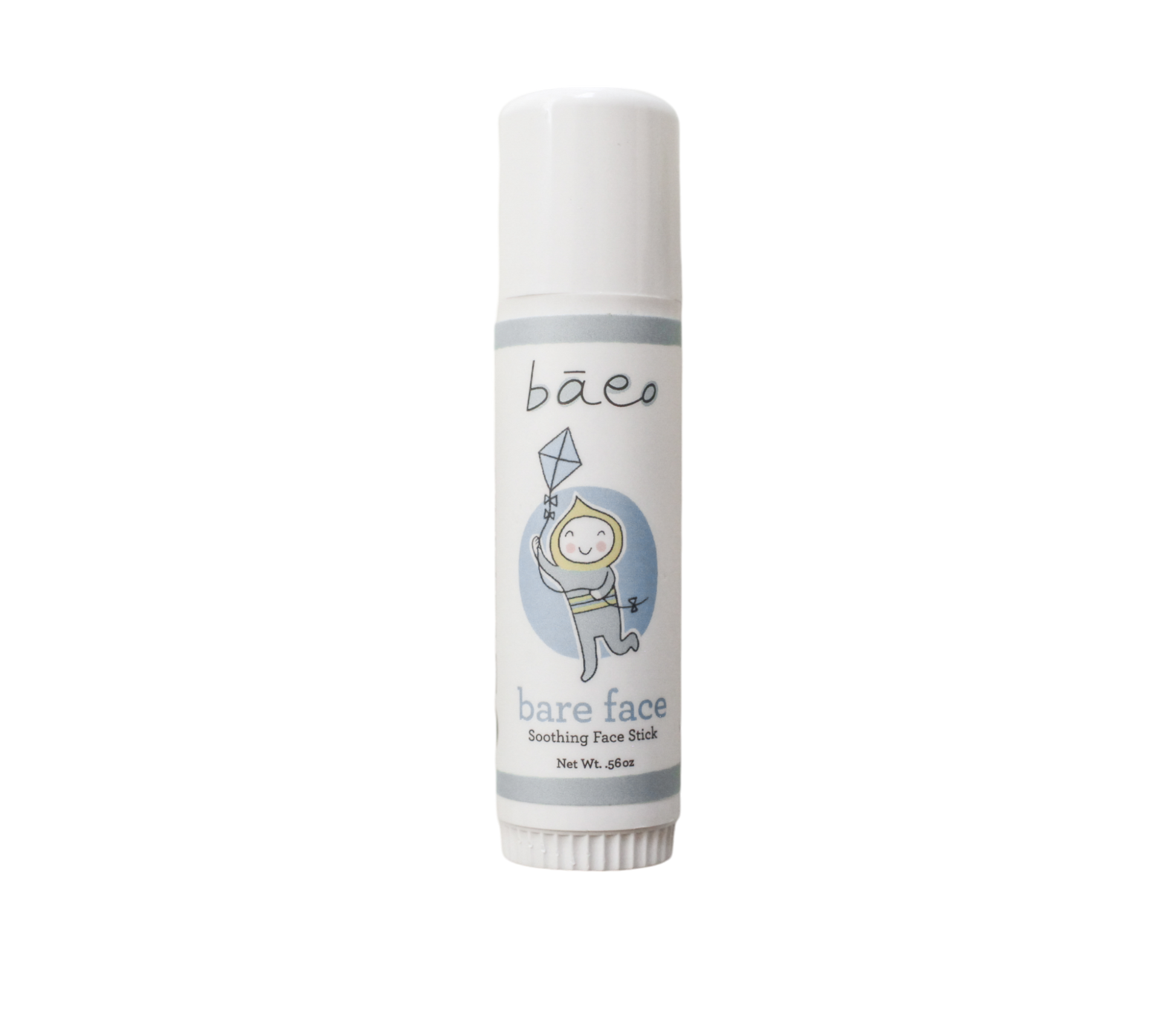 Introducing the "bare face" by bāeo—a soothing and moisturizing face stick, perfect for sensitive skin. With a Net Wt. of 0.5 oz, this product comes in a white and gray package adorned with an illustration of a smiling character wearing a hoodie and flying a kite. Enriched with the nourishing benefits of jojoba oil, it keeps your skin calm and hydrated.