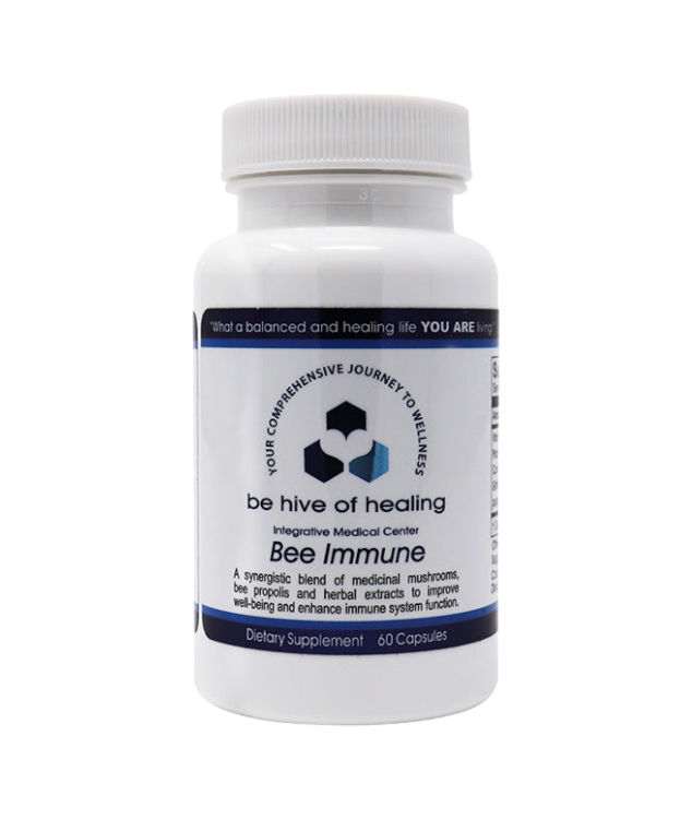 A bottle of "Bee Immune - Mushroom and Propolis Supplement" with 60 capsules from the "Be Hive of Healing Wellness Store." The label highlights a blend of medicinal mushrooms, bee propolis, and herbal extracts to support the immune system. The cap is white, and the bottle features blue accents.