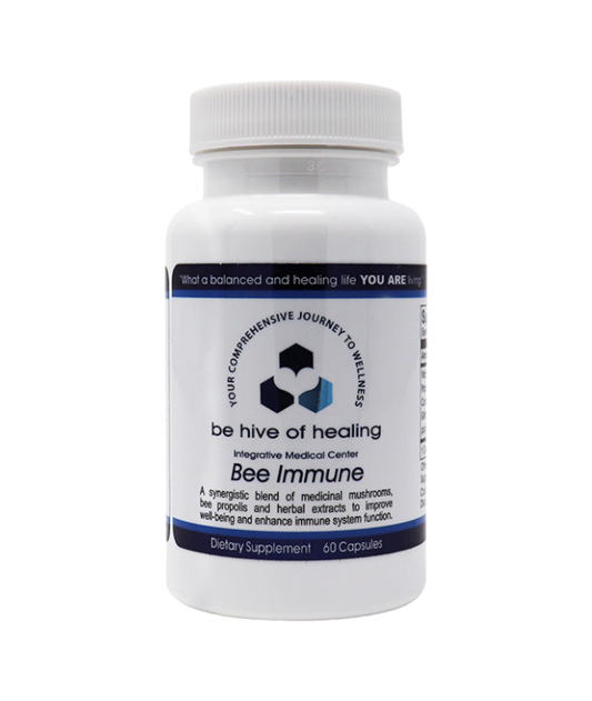 A bottle of "Bee Immune - Mushroom and Propolis Supplement" with 60 capsules from the "Be Hive of Healing Wellness Store." The label highlights a blend of medicinal mushrooms, bee propolis, and herbal extracts to support the immune system. The cap is white, and the bottle features blue accents.