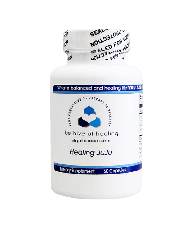 A white bottle labeled "Healing JuJu - Anti-Inflammatory Supplement" from the "Be Hive of Healing Wellness Store," formulated by Dr. Sadeghi. The bottle contains 60 anti-inflammatory supplement capsules and has a sealed cap with text. The label features a blue and teal logo along with additional product information.