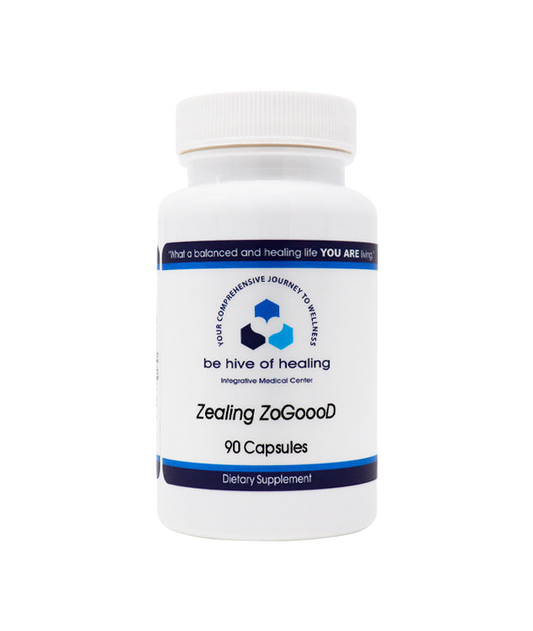 A white bottle labeled "Zealing ZoGoooD - Zinc Supplement" from Be Hive of Healing Wellness Store, containing 90 capsules. The label also features the tagline, "What a balanced and healing life YOU ARE living!