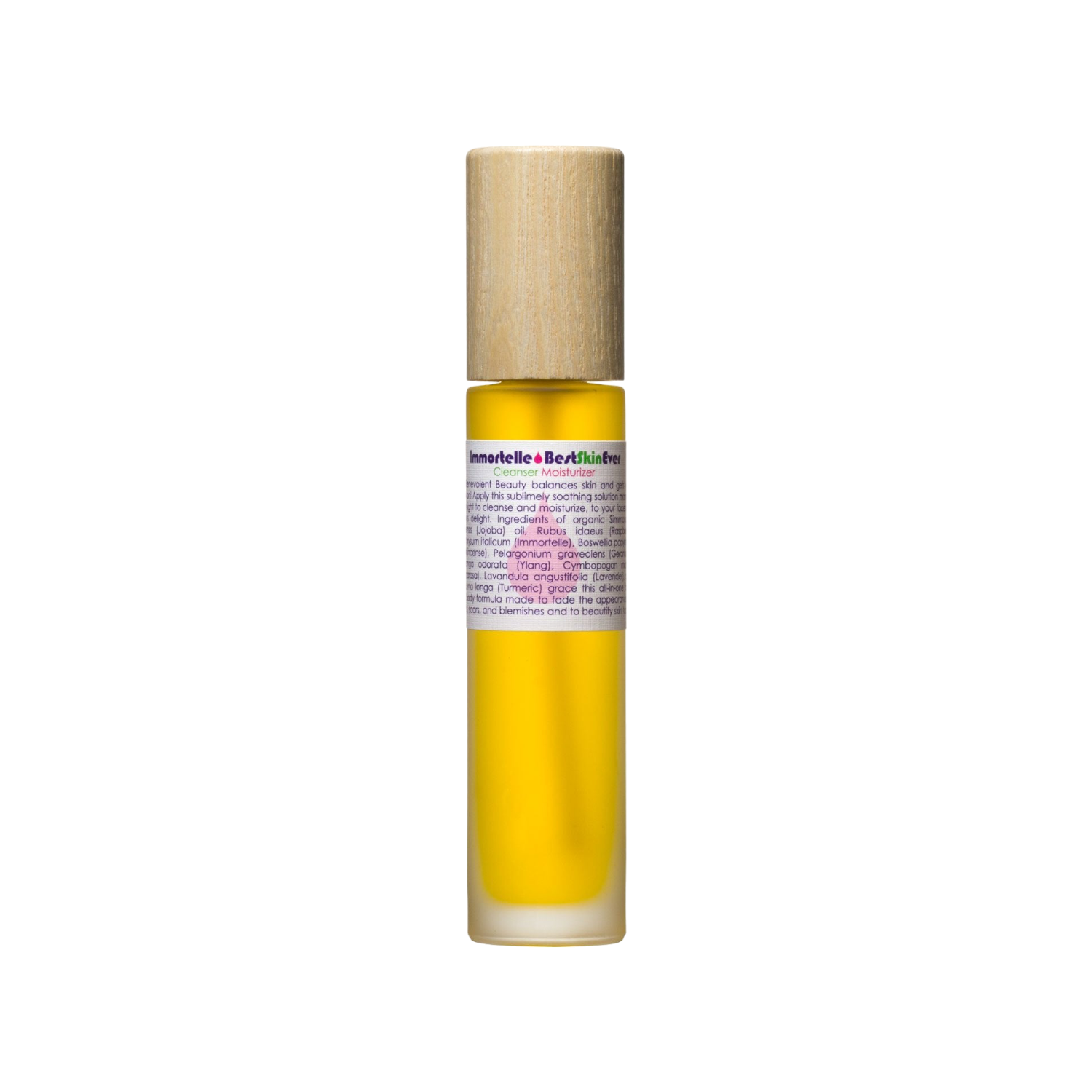 A small glass roll-on bottle filled with yellow liquid, labeled "Best Skin Ever Cleanser - Immortelle" by Living Libations, offers complexion perfection. The bottle, capped with wood, hints at a luxurious oil or serum ideal for those with skin sensitivities. Set against a plain white background, it promises gentle and effective skincare.