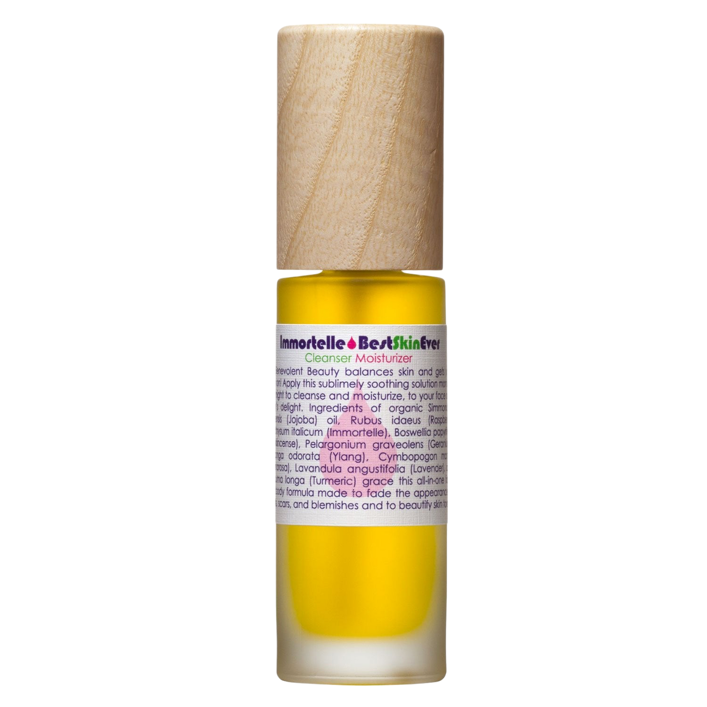 A glass bottle filled with yellow liquid, featuring a wooden cap and a label reading "Best Skin Ever Cleanser- Immortelle" by Living Libations. The label lists ingredients and product descriptions, indicating that it is a cleanser and moisturizer designed for facial skin care, promoting complexion perfection especially for sensitive skin.