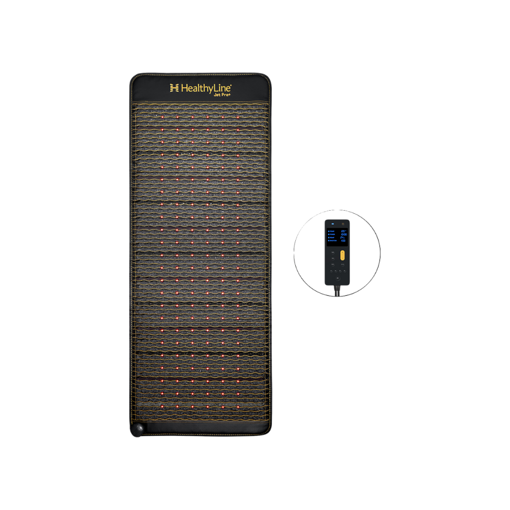 The Jet Mat Full Pro PLUS 7428 Firm Photon PEMF InfraMat Pro® by HealthyLine is a black infrared heating mat with a textured surface, featuring embedded natural gemstones. To the right of the mat, there's a separate black digital controller with a screen and buttons.