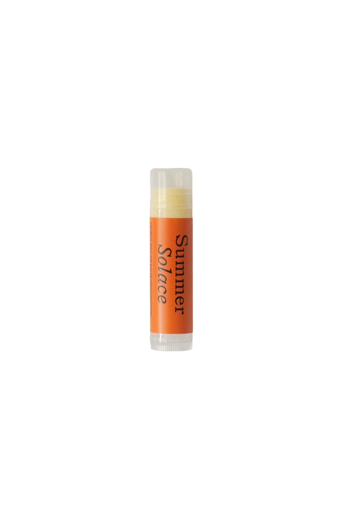 A cylindrical tube of Cardamom & Blood Orange Lip Balm- Regenerative Tallow™ featuring an orange label that says "Summer Solace Tallow." The tube is topped with a white cap and has a white base, standing upright against a plain black background.