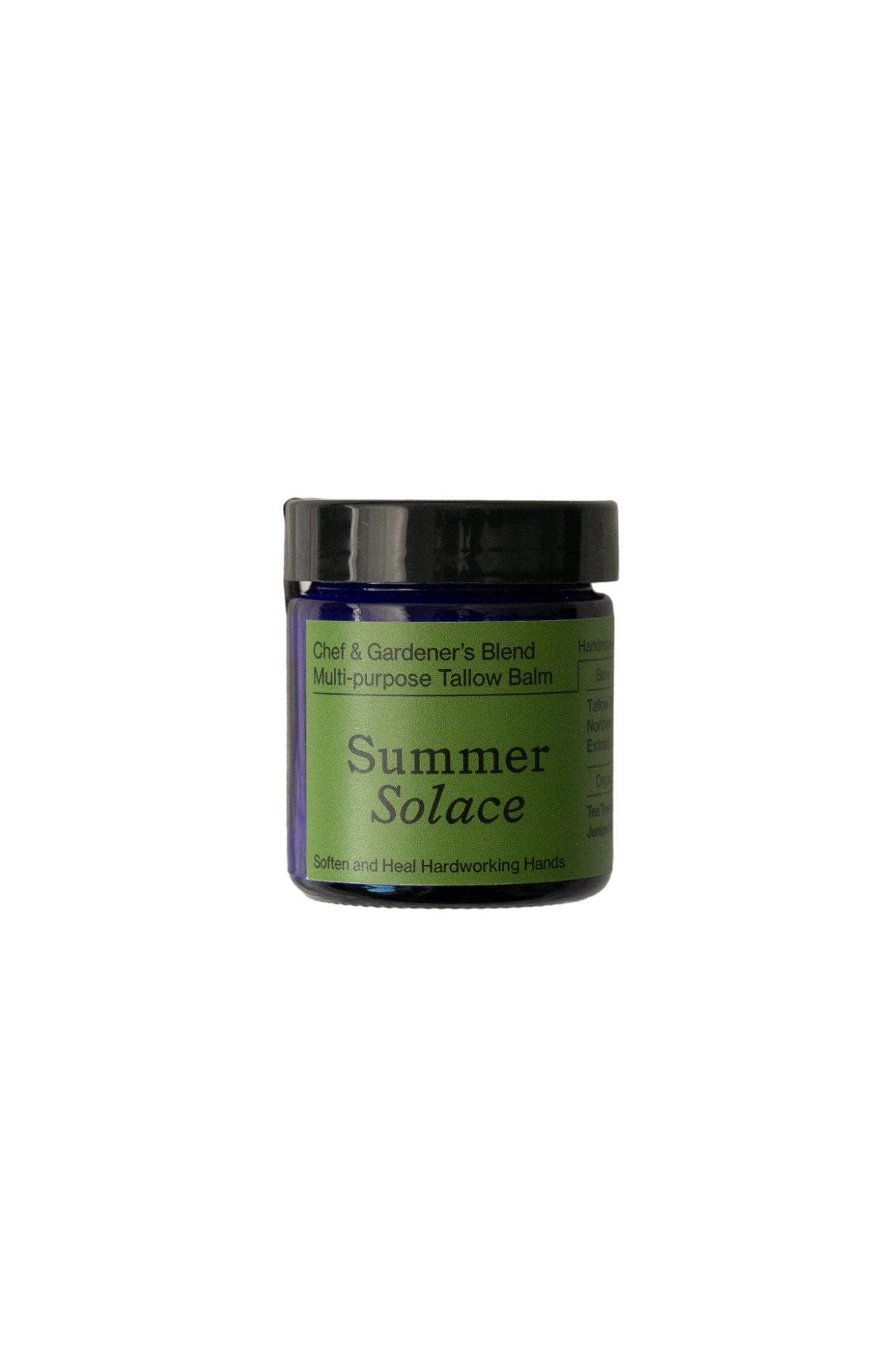 A small, dark violet jar with a black lid is labeled "Chef & Gardener's Balm - Regenerative Tallow™." The label also reads "Summer Solace Tallow" in green text, emphasizing its purpose to soften and heal hardworking hands through a therapeutic skin treatment featuring healing rosemary and helichrysum.