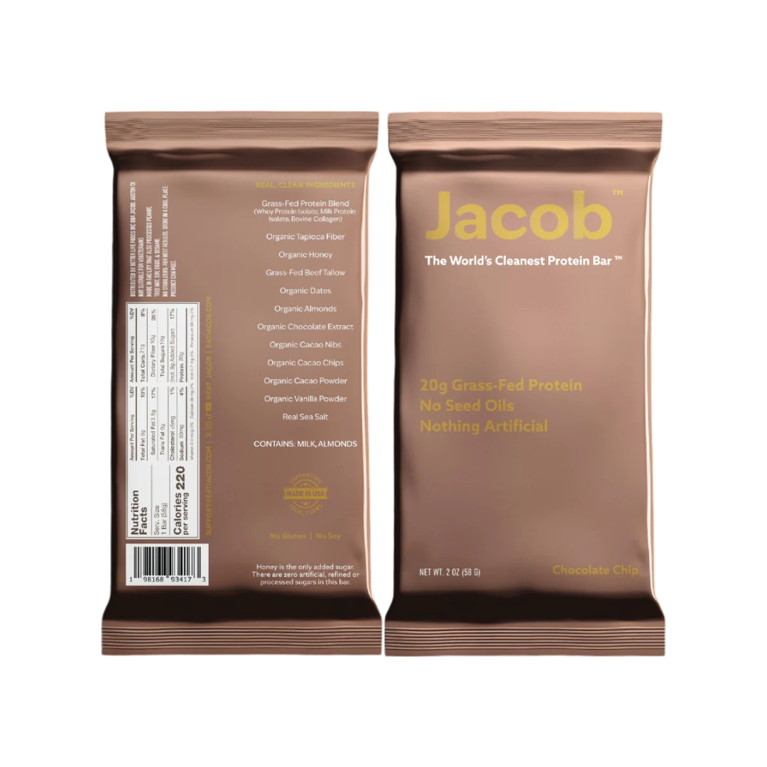 Front and back view of The Jacob Bar wrapper. The label states "The World's Cleanest Protein Bar," featuring 20g of grass-fed whey protein, free from seed oils, with no artificial ingredients. Flavor: Chocolate Chip with organic honey. Genuine ingredients and nutritional information can be found on the back.