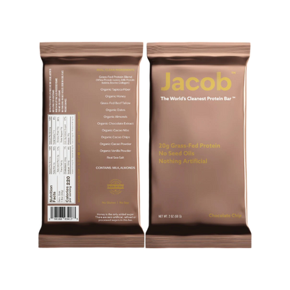 Front and back view of The Jacob Bar wrapper. The label states "The World's Cleanest Protein Bar," featuring 20g of grass-fed whey protein, free from seed oils, with no artificial ingredients. Flavor: Chocolate Chip with organic honey. Genuine ingredients and nutritional information can be found on the back.