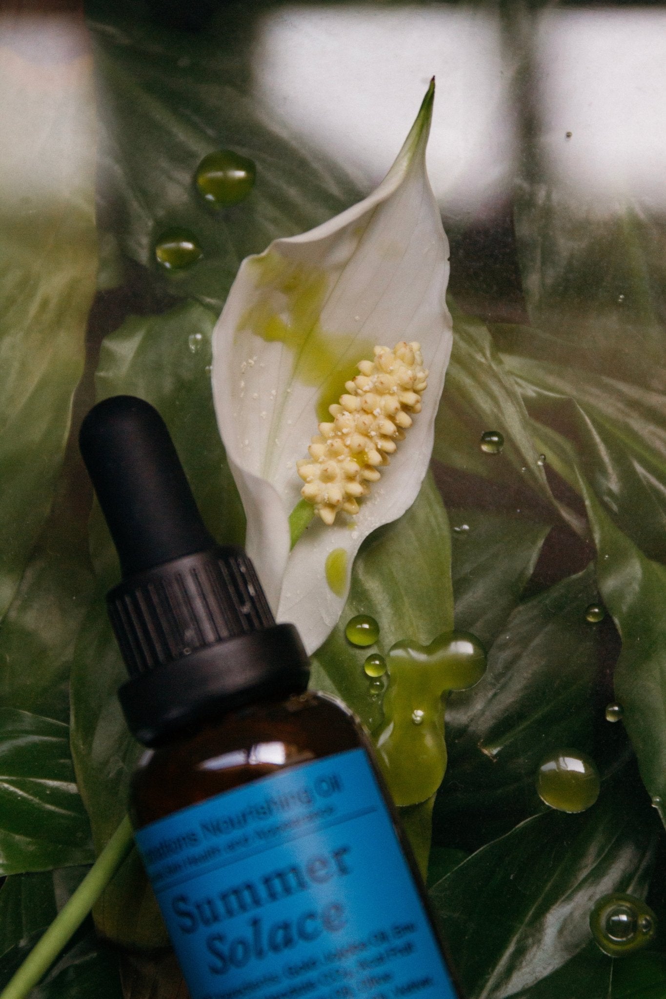 A dropper bottle labeled "Summer Solace Tallow" sits on glossy green leaves next to a white peace lily flower. Drops of oil are visible on the leaves and flower, highlighting Emanations Nourishing Face and Hair Oil—Animal-based—a testament to luxury skincare by Summer Solace Tallow.