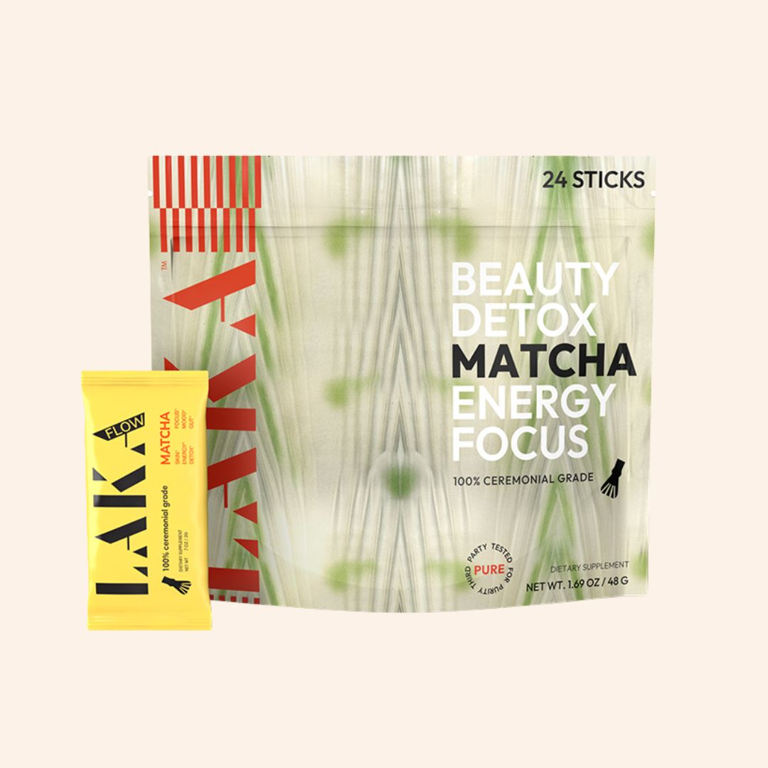 A packet of LAKA Matcha™ Sticks with vibrant packaging by LAKA. The main pack is green and white, promoting "Beauty Detox Matcha Energy Focus." A smaller yellow stick labeled "FLOAT" is positioned in front. Contains 24 sticks of 100% ceremonial-grade matcha, perfect for enhancing energy and metabolism. Net weight 1.6 oz (46 g).