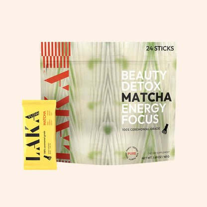 A packet of LAKA Matcha™ Sticks with vibrant packaging by LAKA. The main pack is green and white, promoting "Beauty Detox Matcha Energy Focus." A smaller yellow stick labeled "FLOAT" is positioned in front. Contains 24 sticks of 100% ceremonial-grade matcha, perfect for enhancing energy and metabolism. Net weight 1.6 oz (46 g).