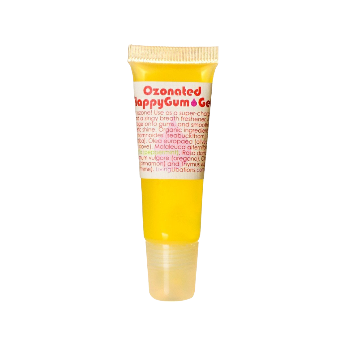 A small, transparent yellow tube labeled "Living Libations Ozonated Happy Gum Gel" with red text on the front. The tube has a white cap and contains a botanical toothpaste gel designed for oral care. The label includes product usage and ingredients, featuring various natural extracts.