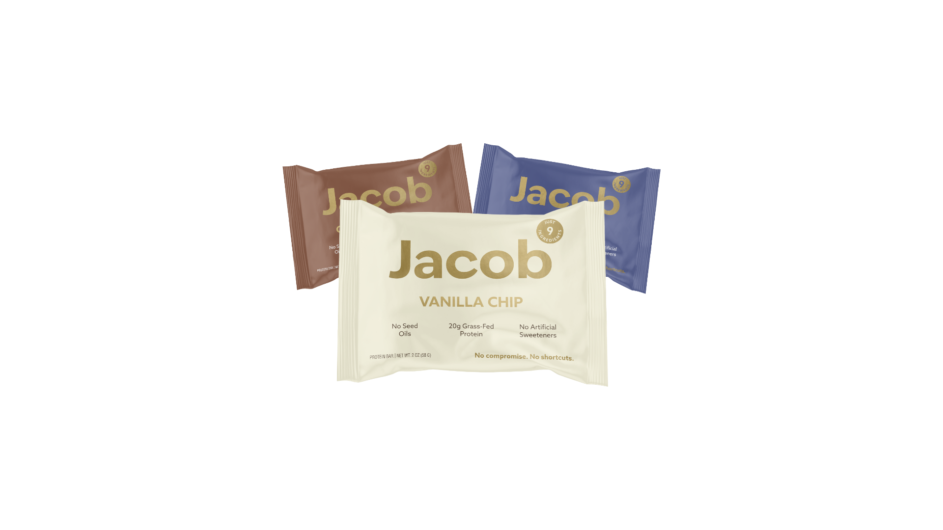 Three Jacob Bar snack packages are displayed. The front package is Vanilla Chip in beige, while behind it are two other packages: one in brown and another in dark blue, with indistinct flavor labels. Made with 100% Organic Cacao, these bars contain no seed oils, soy, or artificial sweeteners.