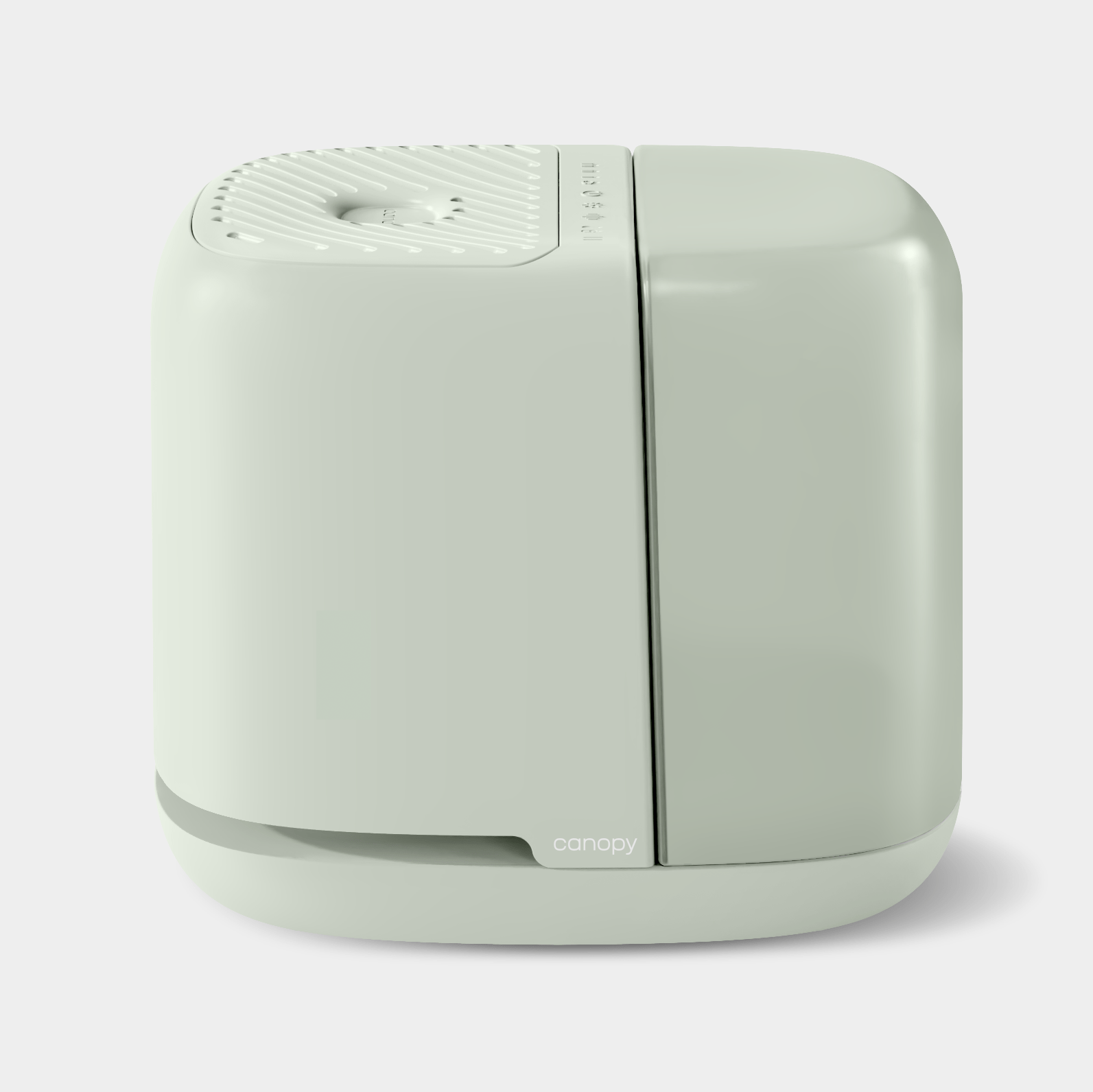 A sleek, cube-shaped light gray Canopy Bedside Humidifier 2.0 with rounded edges and a textured top surface showcases the brand name at its base, offering a minimalist and modern design.