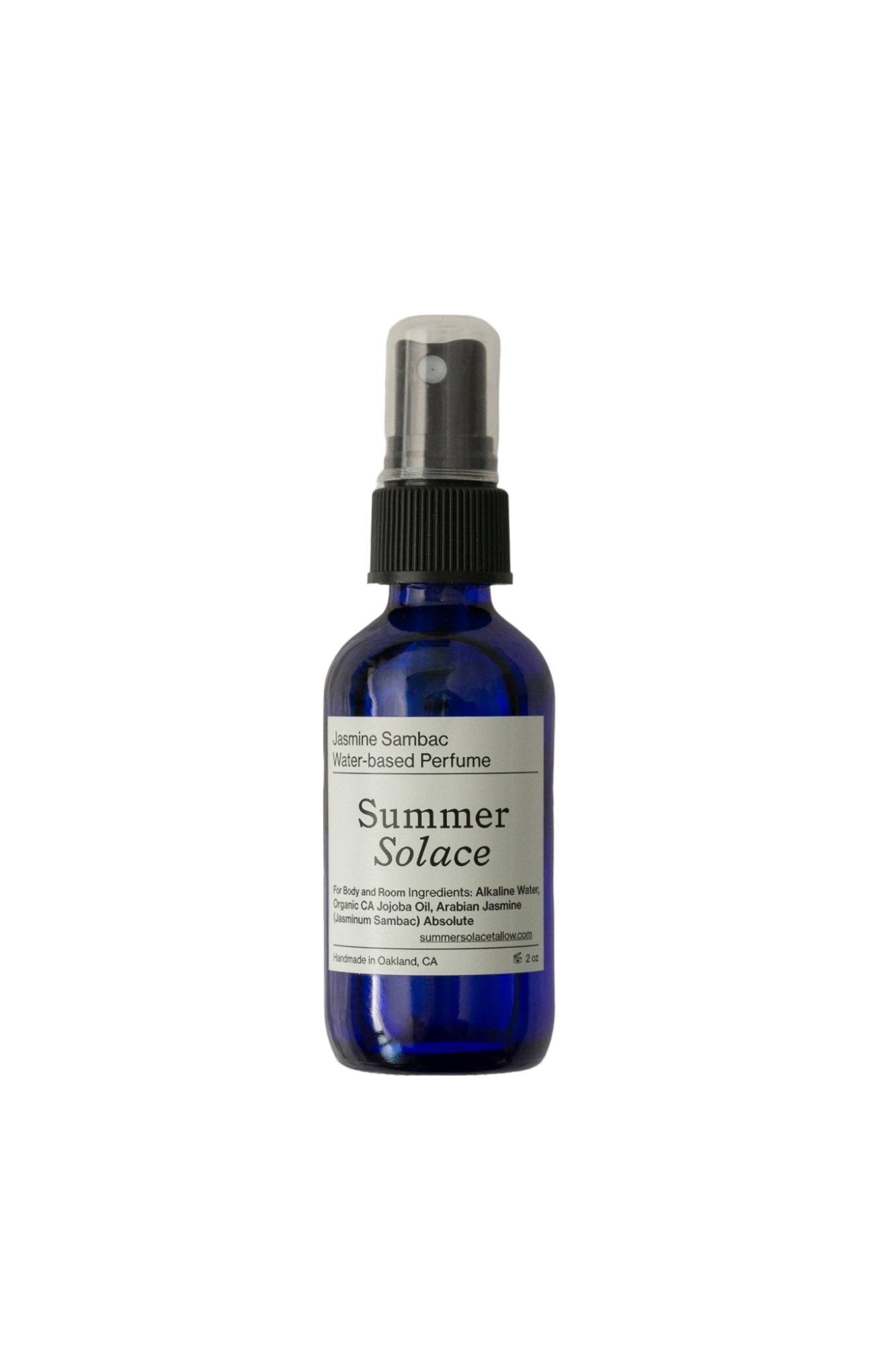 A cobalt blue spray bottle of "Summer Solace Tallow" Jasmine Sambac (with Rose Ormus) Water-Based Perfume Mist, featuring jasmine sambac and magnolia absolute, has a black cap and a white label detailing the product, including ingredients like organic witch hazel and essential oils.