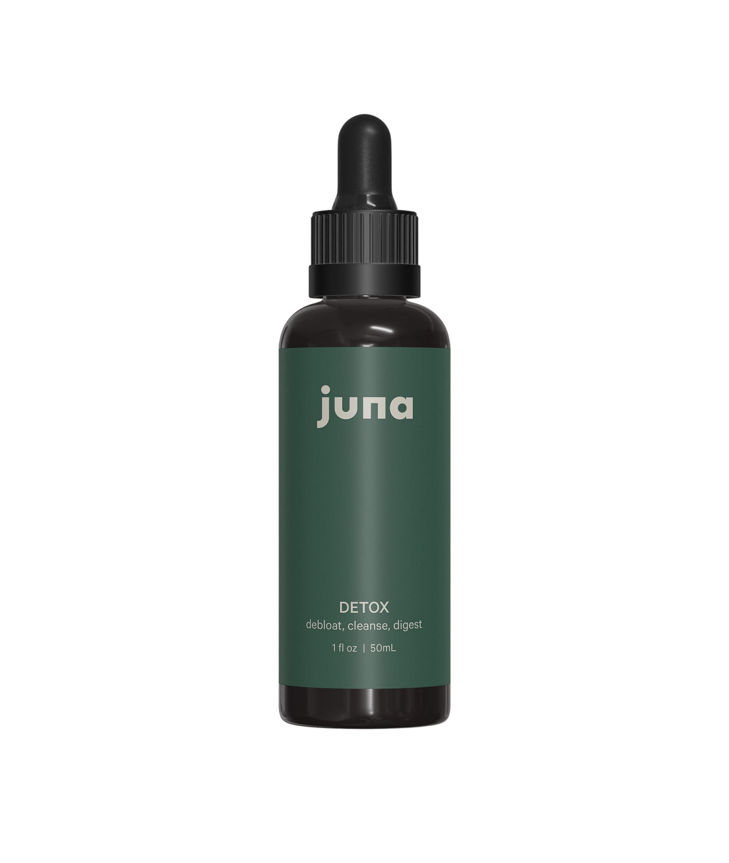 Product Description: A small dark glass bottle with a dropper cap featuring a green label. The label reads "Juna" at the top, followed by "Chlorophyll Detox Drops," with the description "debloat, cleanse, liver detoxification, healthy digestion" beneath. The bottle is 1 fl oz / 30 ml. The background is black.