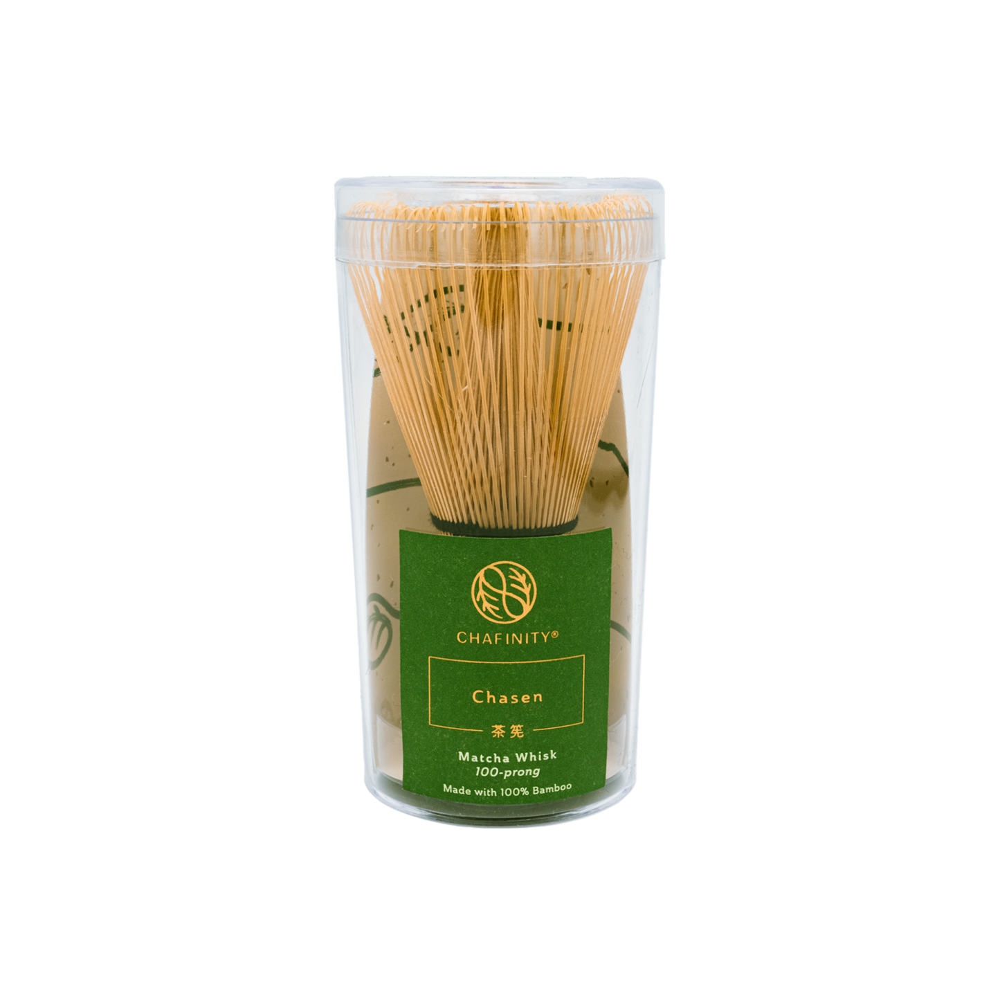 A 100-prong bamboo matcha whisk with finely spaced prongs is encased in a clear cylindrical container. The label on the container reads "Chasen Matcha Whisk 100-prong Made with 100% Bamboo" in green and gold text under the brand name Chafinity Tea, perfect for preparing ceremonial-grade matcha or Gyokuro green tea leaves.