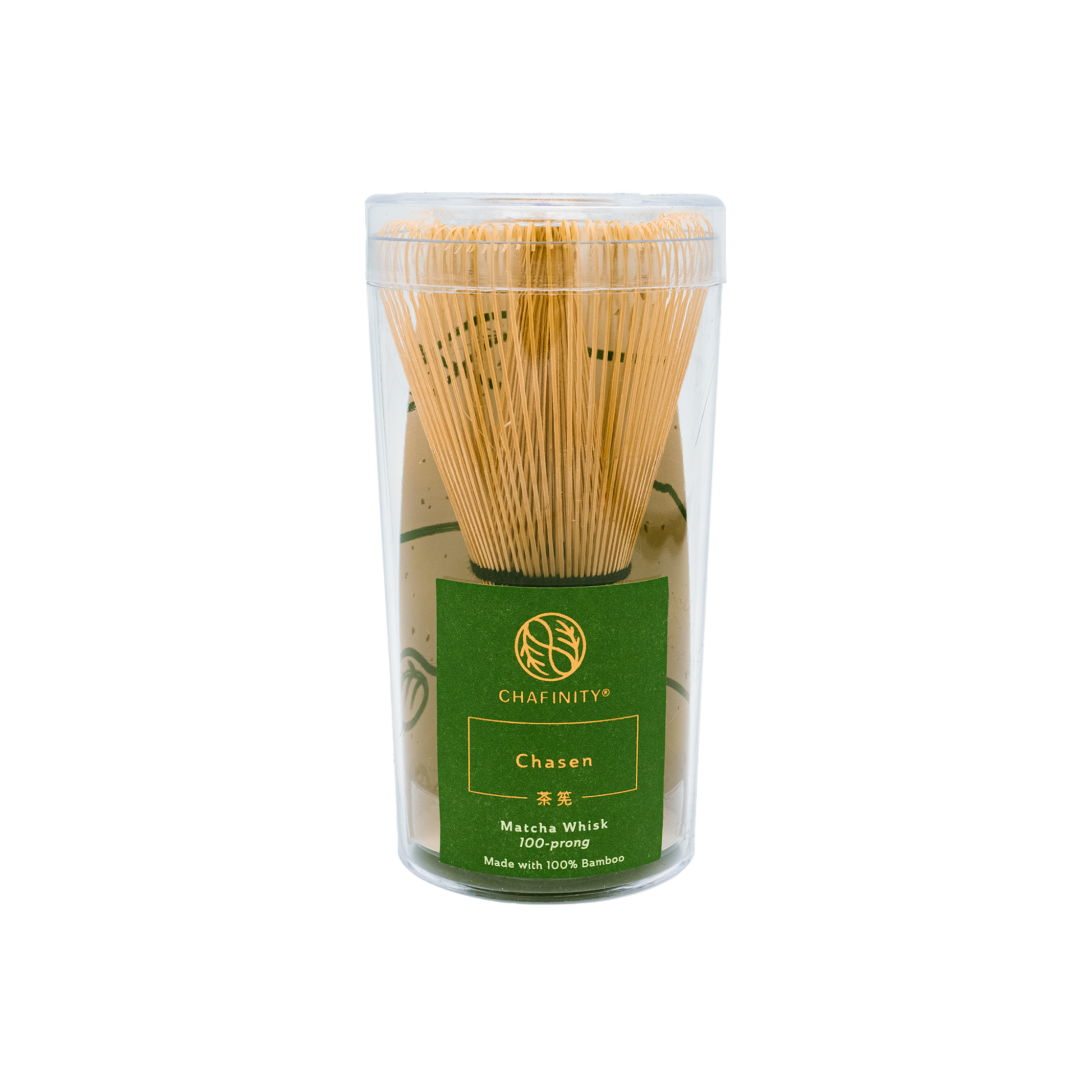 A 100-prong bamboo matcha whisk with finely spaced prongs is encased in a clear cylindrical container. The label on the container reads "Chasen Matcha Whisk 100-prong Made with 100% Bamboo" in green and gold text under the brand name Chafinity Tea, perfect for preparing ceremonial-grade matcha or Gyokuro green tea leaves.