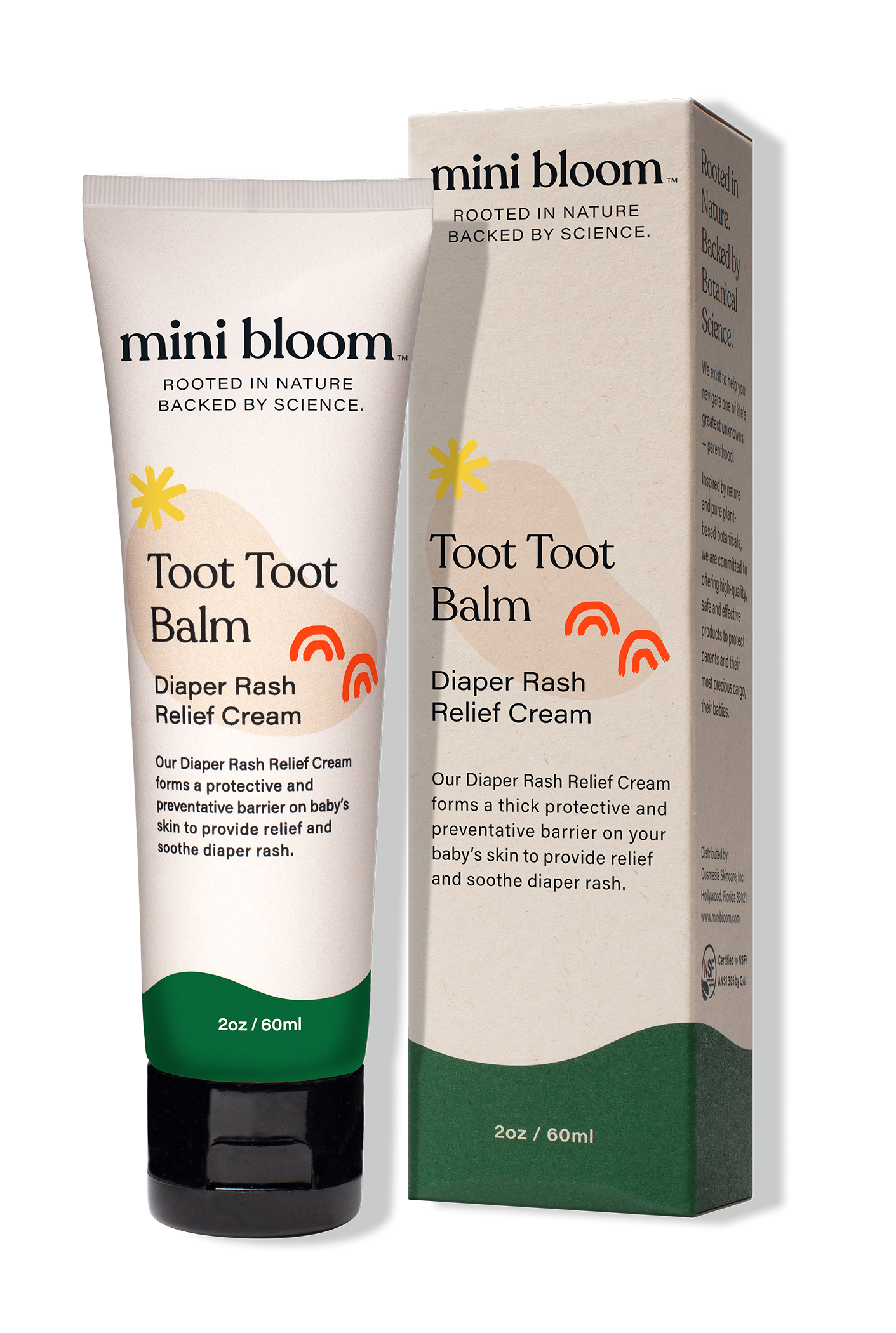 An image of a Mini Bloom Toot Toot Diaper Rash Balm tube and its box. The 2 oz (60 ml) tube offers a protective barrier to relieve diaper rash and soothe irritated skin. The packaging highlights that the product is both nature-rooted and science-backed.