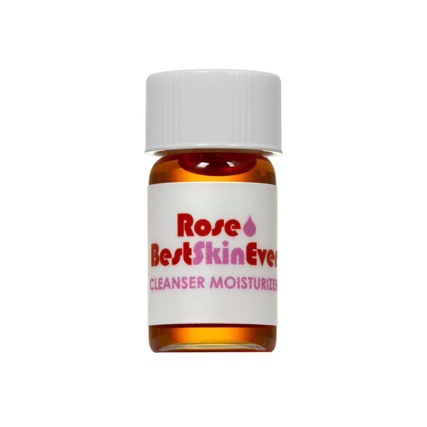 A small amber bottle with a white label and cap containing a skincare product from Living Libations. The label reads "Best Skin Ever Cleanser- Rose" in red and pink text, perfect for face and body hydration.