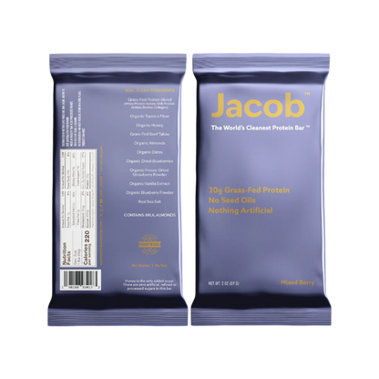 Two packages of The Jacob Bar by Jacob Bar, featuring purple and silver packaging, are labeled "The World's Cleanest Protein Bar." Each protein bar offers 20g of grass-fed whey protein with organic honey and is free from seed oils. The flavor is Muddled Berry, and the ingredients alongside the nutritional information are visible.