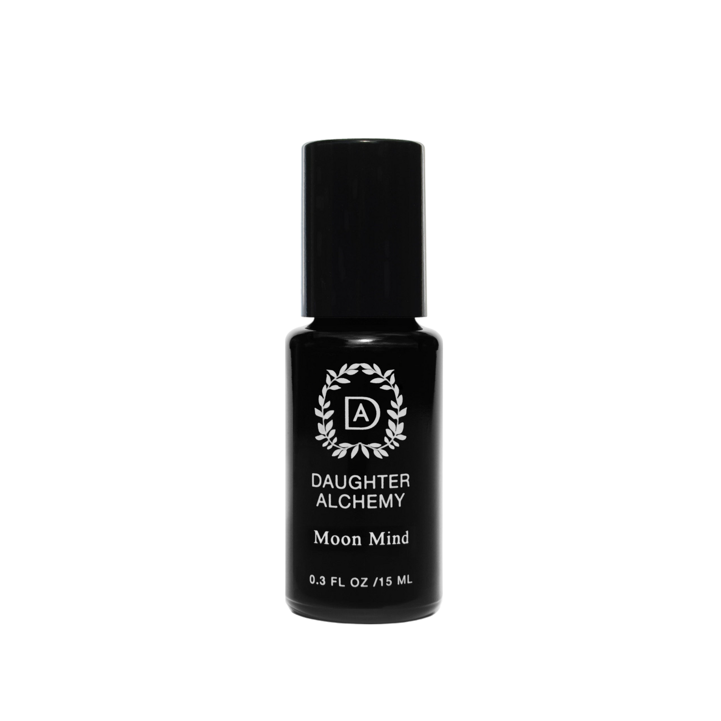 A small black bottle with a black cap labeled "Daughter Alchemy." The label features a decorative emblem with the initials "DA" inside a circular design. Below the logo, the text reads "Moon Mind® Meditative Body Oil," highlighting its essence as a meditative oil made from organic ingredients. The bottle contains 0.3 Fl Oz (15 ML) of liquid.