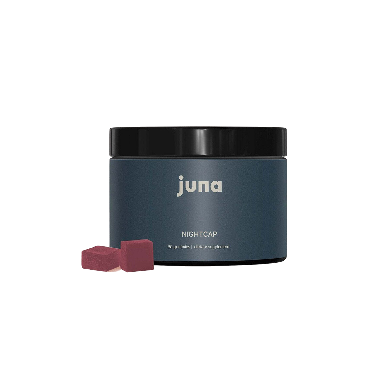 A black jar labeled "Juna" with "Nightcap Sleep Gummies" written beneath it. The jar contains 30 gummies as a dietary supplement designed for restorative sleep. Two red gummies are placed in front of the jar against a black background.