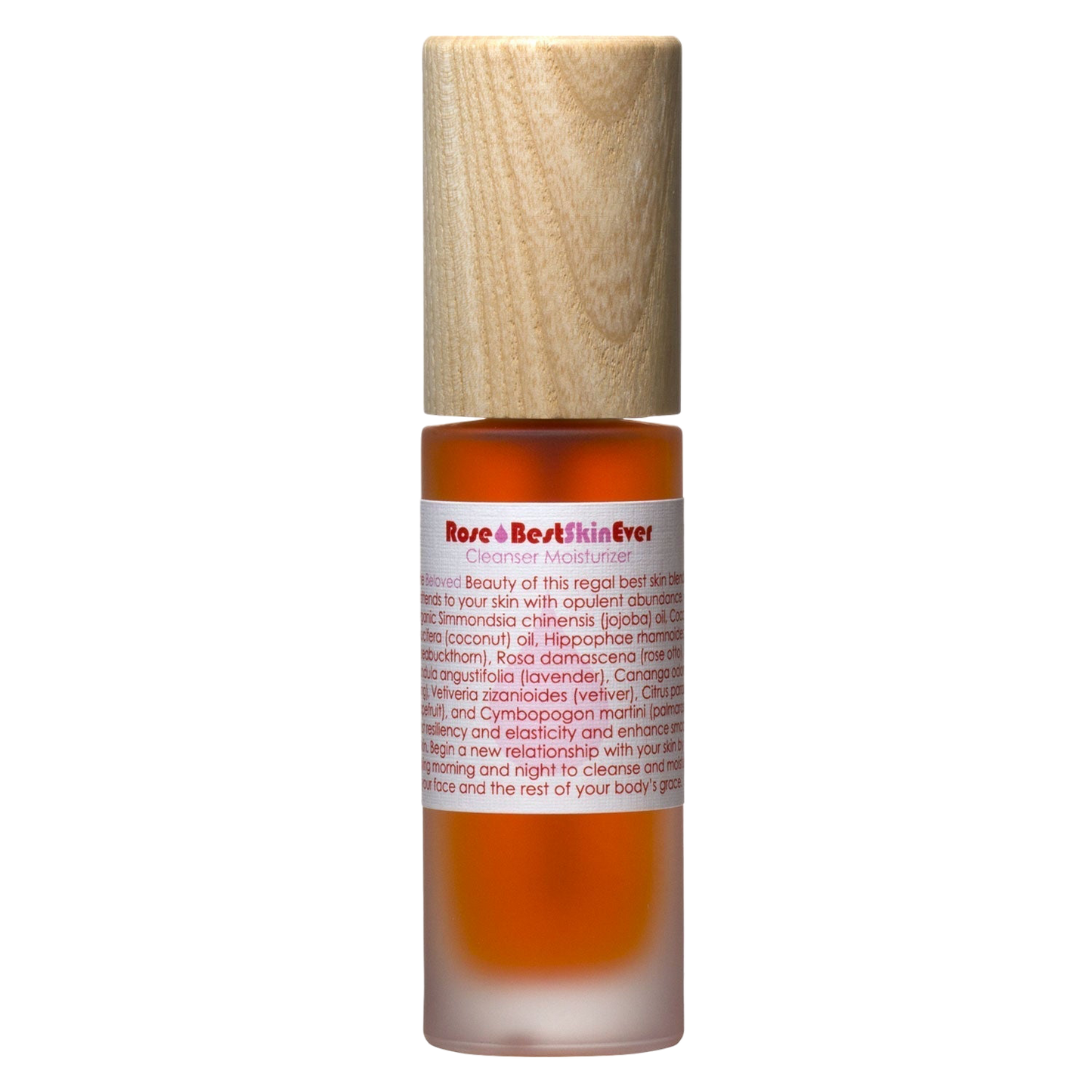 A small amber bottle with a beige wooden cap, labeled "Best Skin Ever Cleanser - Rose" in red text by Living Libations. The label also contains a detailed product description and a list of natural ingredients. Ideal as a face and body moisturizer.