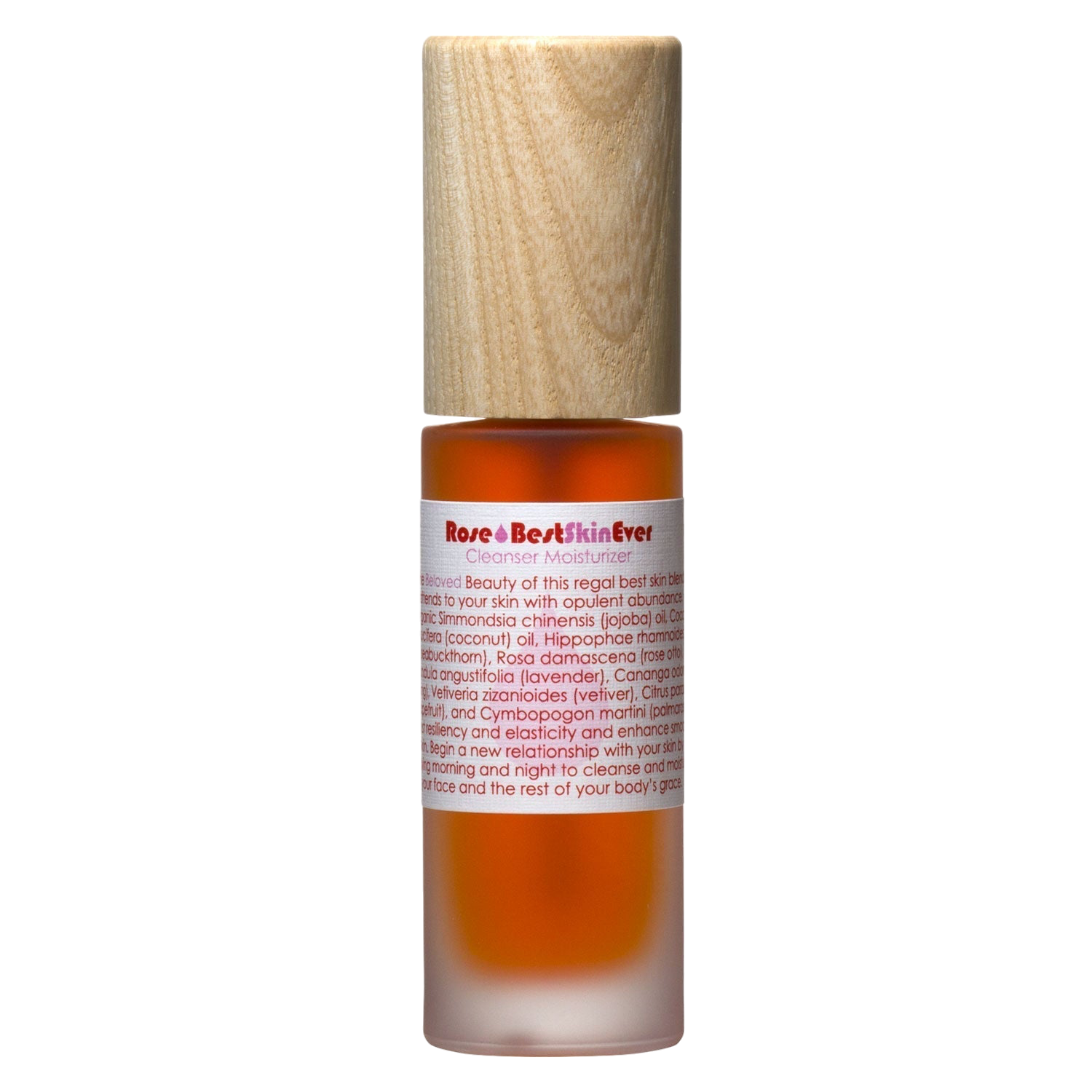 A small amber bottle with a beige wooden cap, labeled "Best Skin Ever Cleanser - Rose" in red text by Living Libations. The label also contains a detailed product description and a list of natural ingredients. Ideal as a face and body moisturizer.