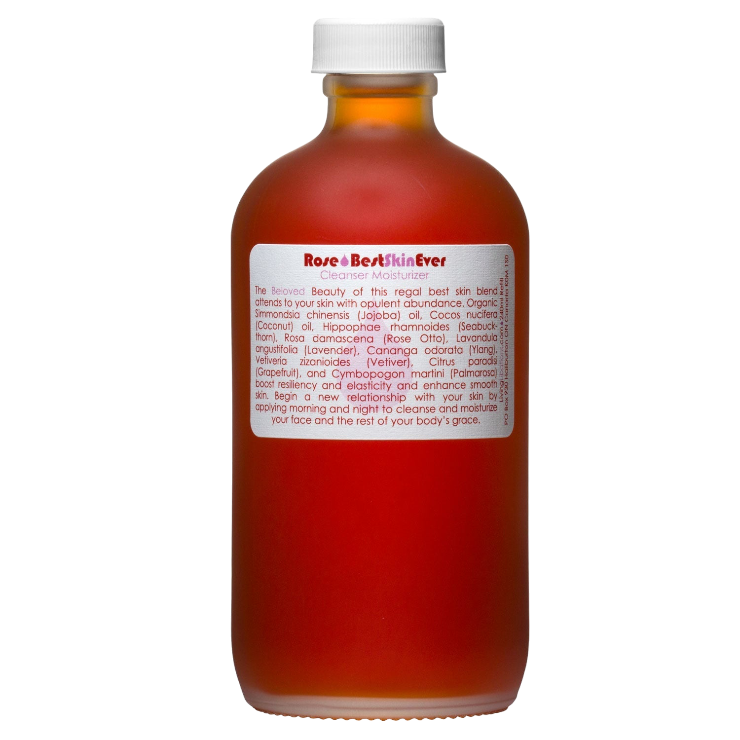 A brown frosted glass bottle with a white screw cap contains the Best Skin Ever Cleanser - Rose by Living Libations. The white label with red text displays the product name "Rose Otto BestSkinEver" and includes ingredients and usage instructions.