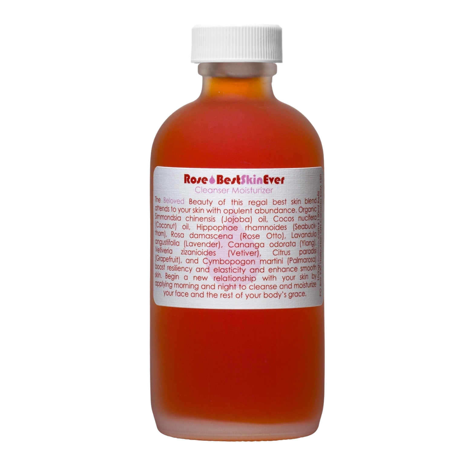 A brown glass bottle with a white cap contains "Best Skin Ever Cleanser- Rose" by Living Libations. The label highlights skin-benefiting ingredients such as rose otto, jojoba oil, coconut oil, lavender, and vetiver. Instructions detail its use as a face and body moisturizer for enhancing your skin's radiance.