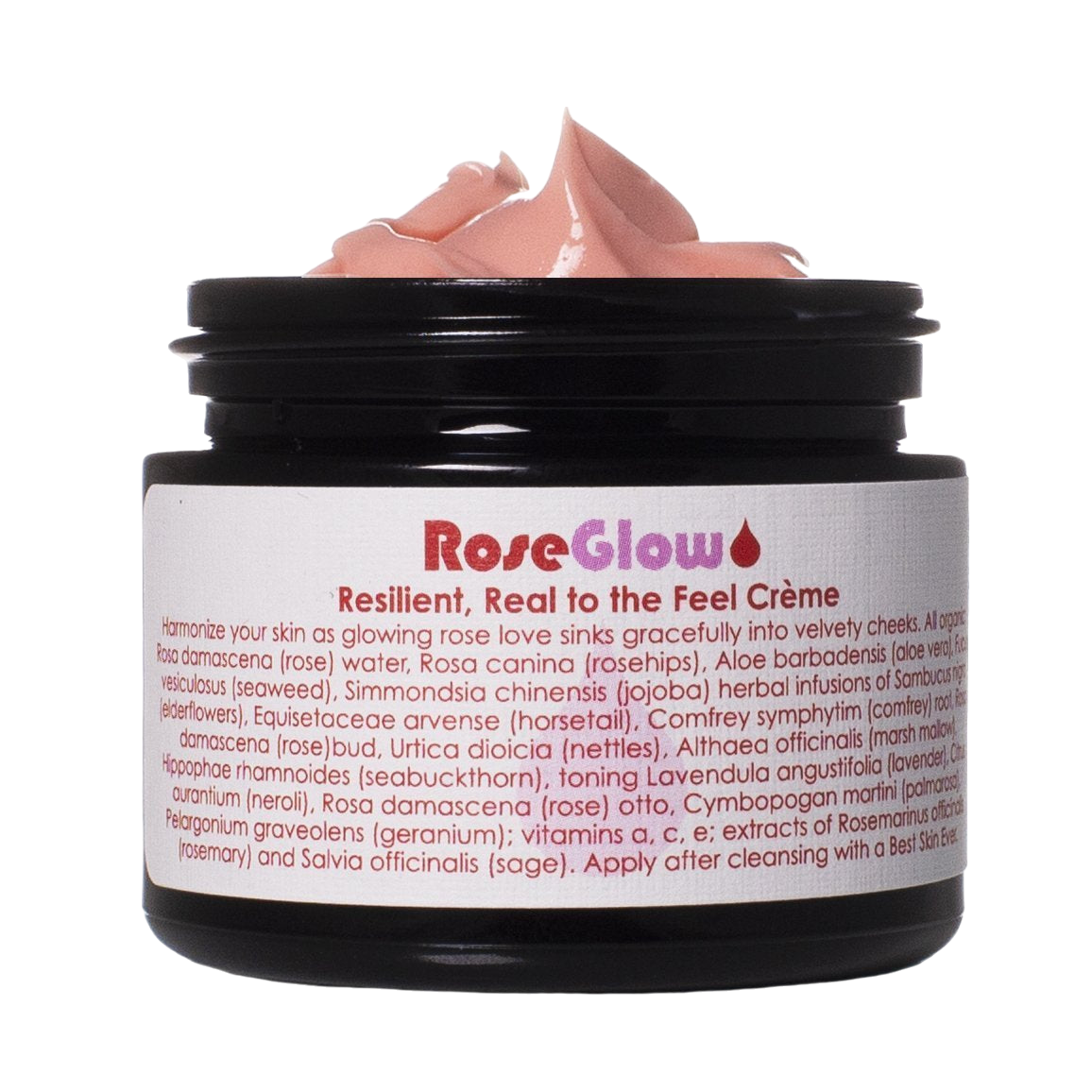 A black jar from Living Libations contains the Rose Glow Crème, a resilient and true-to-the-feel moisturizer with pink cream inside. The jar lists ingredients such as rose oil, rose hydrosol, aloe vera, jojoba oil, and various vitamins. The open jar has a dollop of the botanical moisturizer placed on its lid.